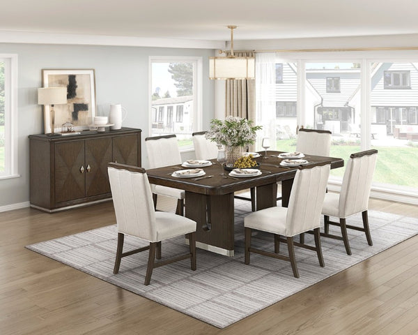 English Elm Wire Brushed Brown Wood Dining Chairs Set with Beige Upholstery for Modern Rooms Wire Brushed Brown Finish 4 Pc Side Chair 4 B011P590167