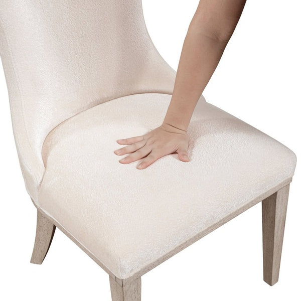 English Elm Brown Acacia Veneer Dining Chair Set of Six with Fan Stitched Upholstered Seatbacks Ivory 21.5 L x 27 W x 40.5 H B011P590175