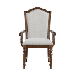 English Elm Cherry Veneer Formal Dining Set with Nailhead Trim and Upholstered High Back Seating Gray Arm Chair 6 Pc B011P590258