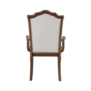 English Elm Cherry Veneer Formal Dining Set with Nailhead Trim and Upholstered High Back Seating Gray Arm Chair 6 Pc B011P590258