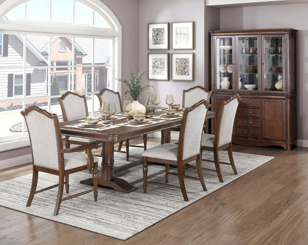 English Elm Cherry Veneer Formal Dining Set with Nailhead Trim and Upholstered High Back Seating Gray Arm Chair 6 Pc B011P590258