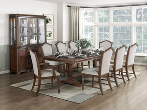English Elm Cherry Veneer Formal Dining Set with Nailhead Trim and Upholstered High Back Seating Gray Arm Chair 6 Pc B011P590258