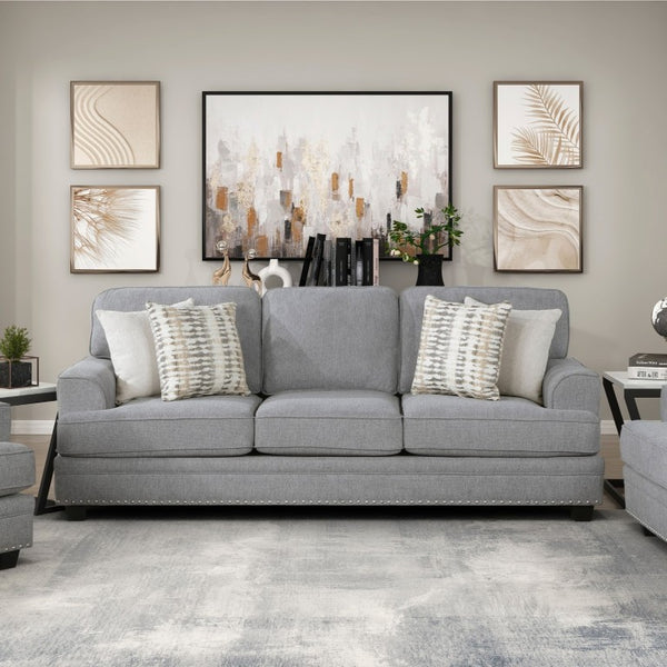 English Elm Transitional Gray Chenille Three-Seat Sofa with Nailhead Trim and Pocket Coil Support B011P592476