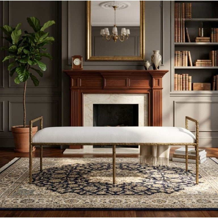 English Elm Modern Glam Upholstered Bench with Gold Iron Frame and Armrests for Bedroom or Dining B011P595771