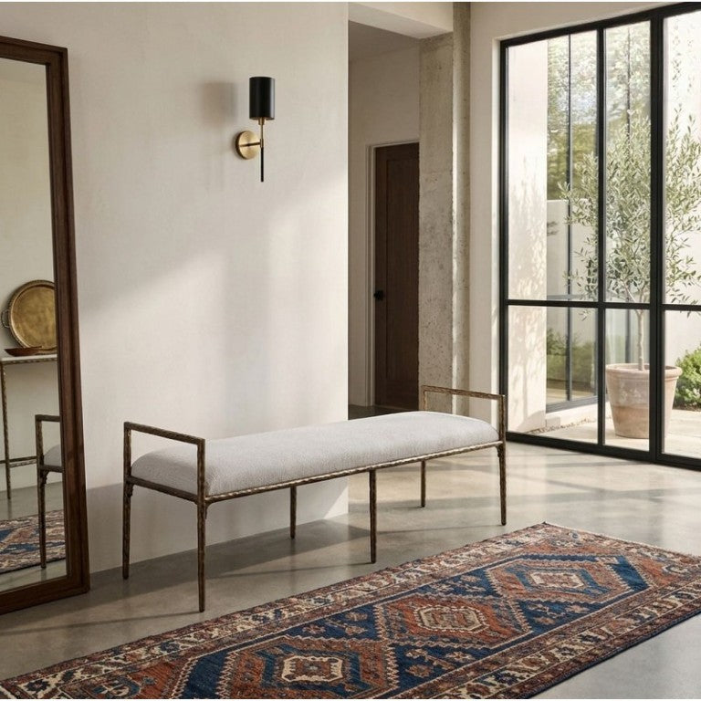 English Elm Modern Glam Upholstered Bench with Gold Iron Frame and Armrests for Dining Entryway B011P595772