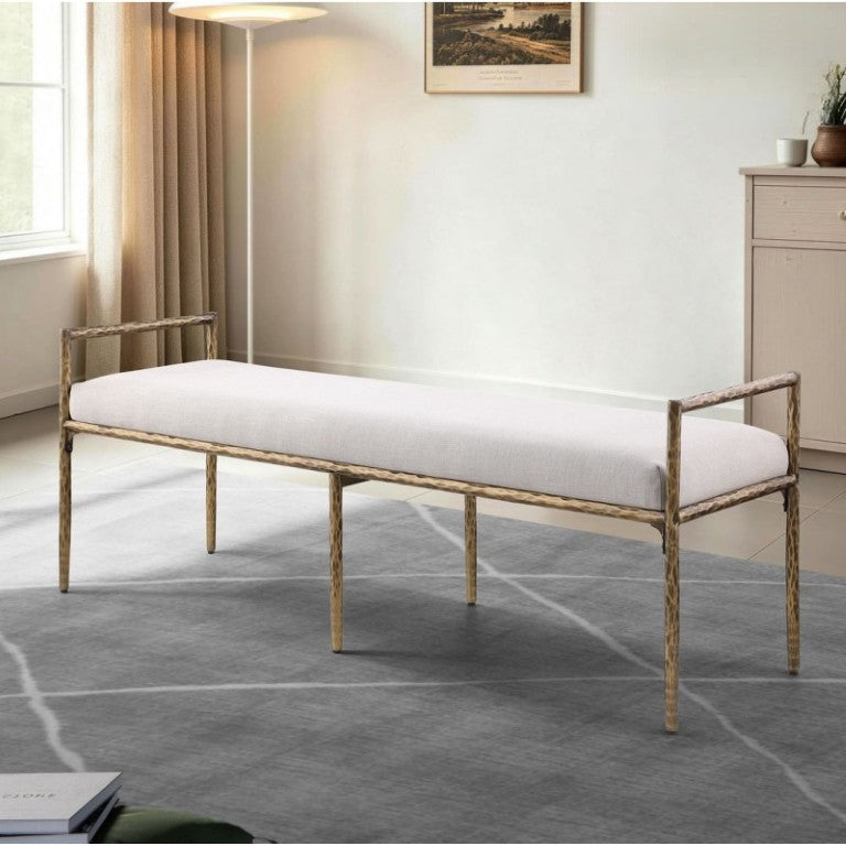 English Elm Modern Glam Upholstered Bench with Gold Iron Frame and Armrests for Dining Entryway B011P595772