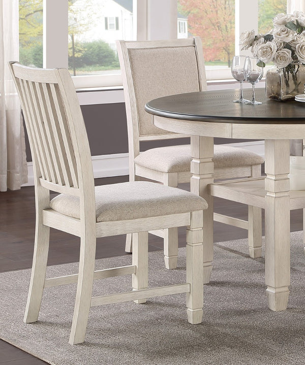 English Elm Antique White Round Pedestal Dining Set with Shelf and Four Beige Upholstered Chairs B011S00217