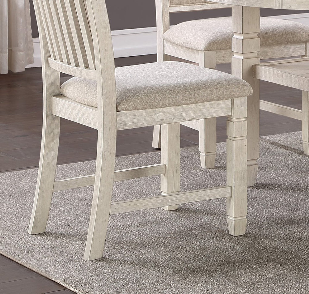 English Elm Antique White Round Pedestal Dining Set with Shelf and Four Beige Upholstered Chairs B011S00217