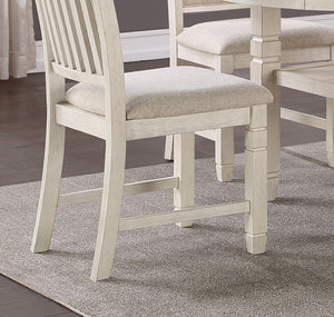 English Elm Antique White Round Pedestal Dining Set with Shelf and Four Beige Upholstered Chairs B011S00217