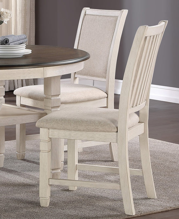 English Elm Antique White Round Pedestal Dining Set with Shelf and Four Beige Upholstered Chairs B011S00217