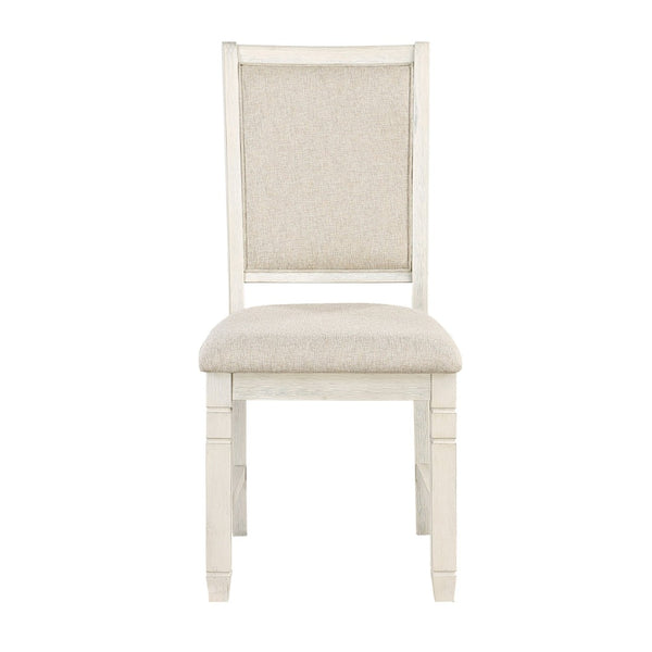 English Elm Antique White Round Pedestal Dining Set with Shelf and Four Beige Upholstered Chairs B011S00217