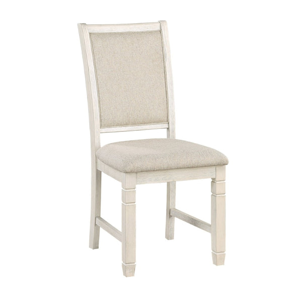 English Elm Antique White Round Pedestal Dining Set with Shelf and Four Beige Upholstered Chairs B011S00217