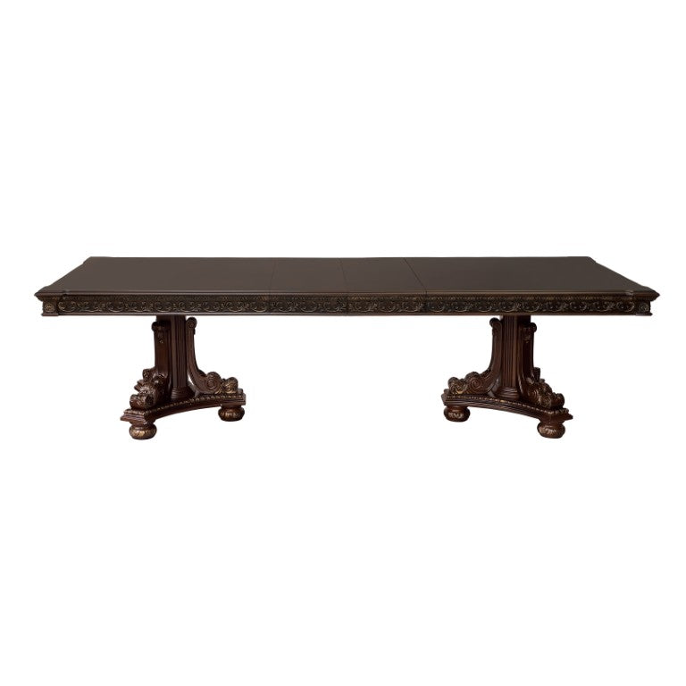 English Elm Formal Cherry Veneer Extendable Dining Table with Gold Tipped Carved Old World Detail B011S00266