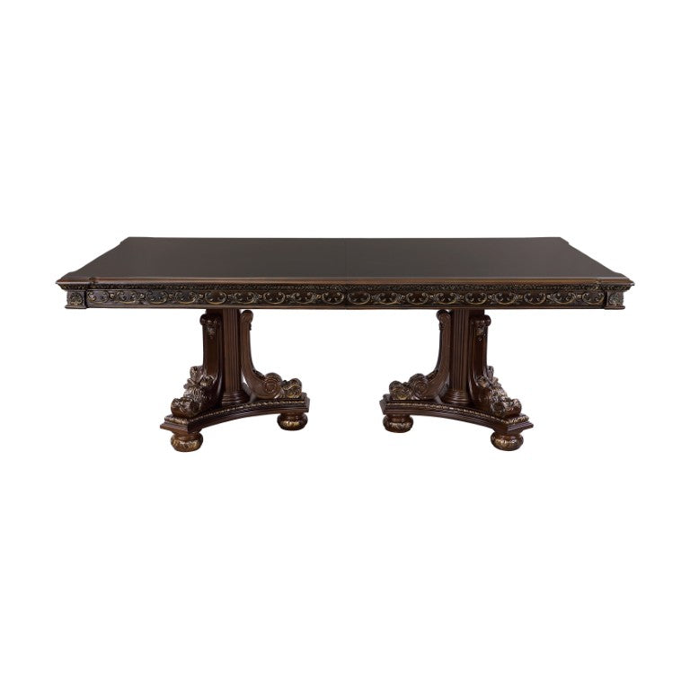 English Elm Formal Cherry Veneer Extendable Dining Table with Gold Tipped Carved Old World Detail B011S00266