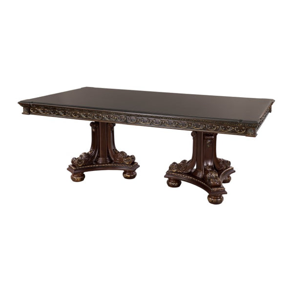 English Elm Formal Cherry Veneer Extendable Dining Table with Gold Tipped Carved Old World Detail B011S00266