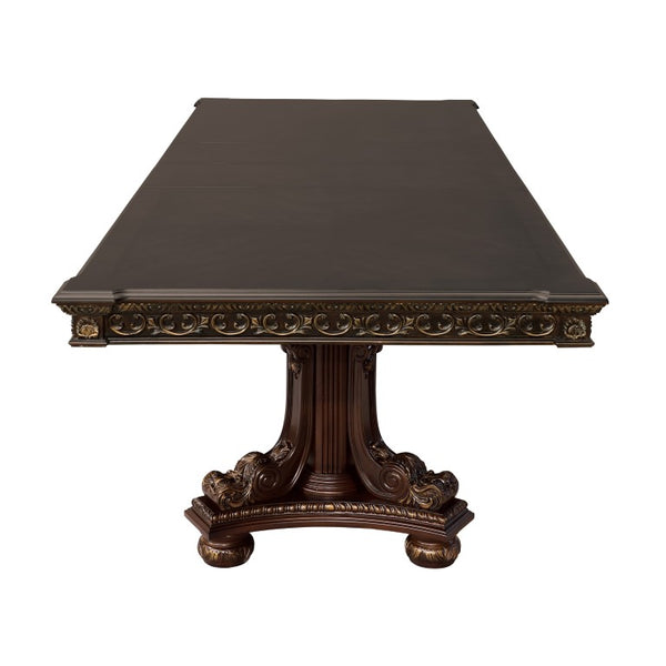 English Elm Formal Cherry Veneer Extendable Dining Table with Gold Tipped Carved Old World Detail B011S00266
