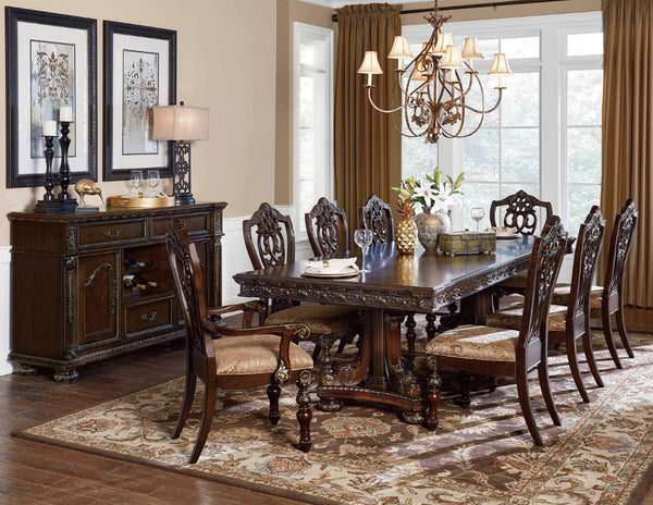 English Elm Formal Cherry Veneer Extendable Dining Table with Gold Tipped Carved Old World Detail B011S00266