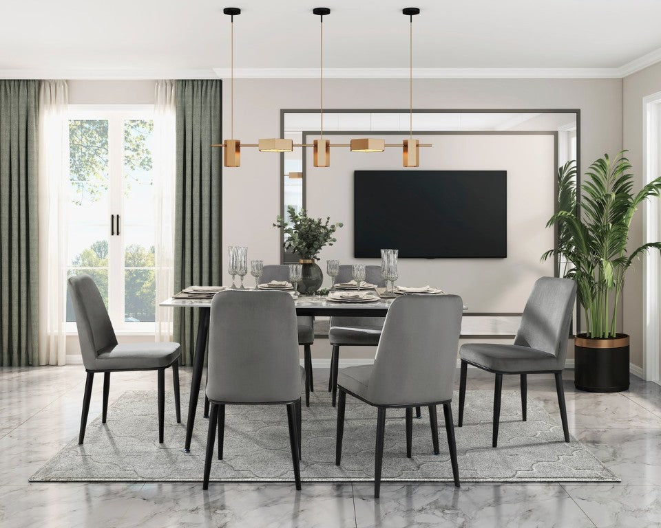 English Elm Contemporary Sintered Stone 7 Piece Dining Set with Gray Velvet Chairs Matte Black Frame 7pc B011S00654