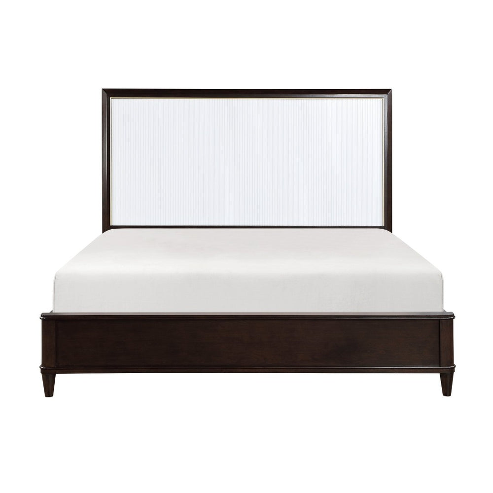 English Elm Contemporary Queen Panel Bed Cherry Veneer White Routed Inserts Gold Trim Bedroom B011S00662