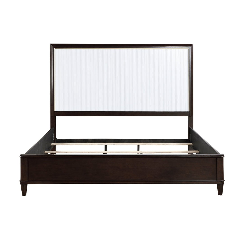 English Elm Contemporary Queen Panel Bed Cherry Veneer White Routed Inserts Gold Trim Bedroom B011S00662