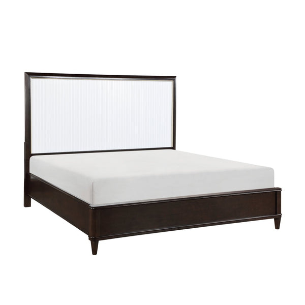 English Elm Contemporary Queen Panel Bed Cherry Veneer White Routed Inserts Gold Trim Bedroom B011S00662