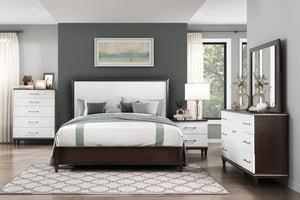 English Elm Contemporary Queen Panel Bed Cherry Veneer White Routed Inserts Gold Trim Bedroom B011S00662
