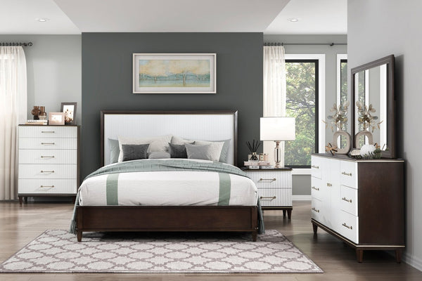 English Elm Contemporary Queen Panel Bed Cherry Veneer White Routed Inserts Gold Trim Bedroom B011S00662