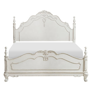 English Elm Victorian Queen Bed Antique White Carved Floral Finial Posts Classic Bedroom Statement B011S00718