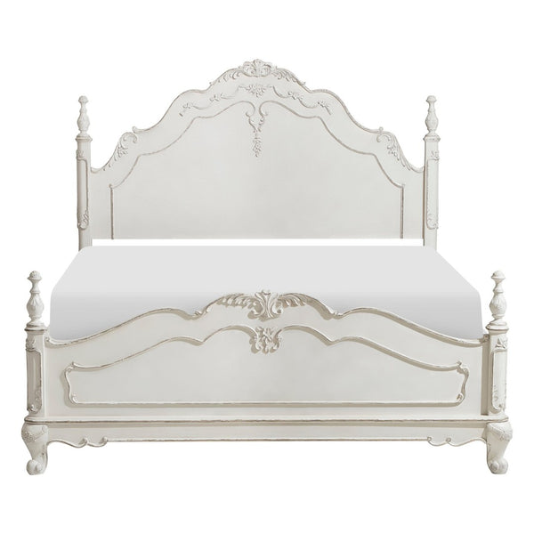 English Elm Victorian Queen Bed Antique White Carved Floral Finial Posts Classic Bedroom Statement B011S00718