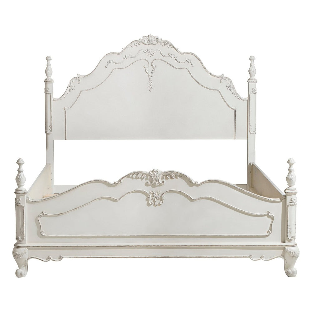 English Elm Victorian Queen Bed Antique White Carved Floral Finial Posts Classic Bedroom Statement B011S00718