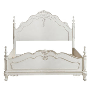 English Elm Victorian Queen Bed Antique White Carved Floral Finial Posts Classic Bedroom Statement B011S00718