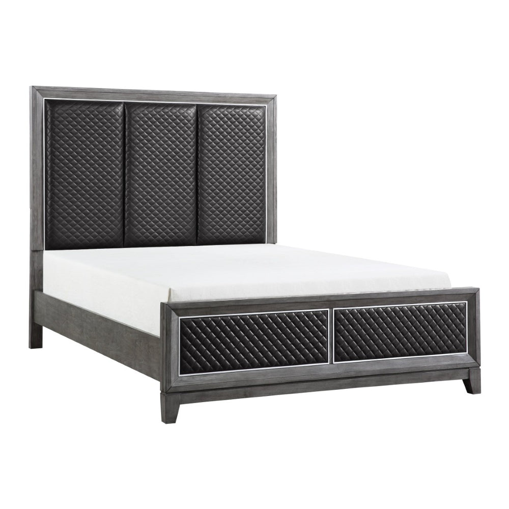 English Elm Modern Queen Bed Diamond Faux Leather Headboard Wire-brushed Birch Glam Bedroom B011S00905