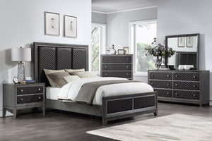 English Elm Modern Queen Bed Diamond Faux Leather Headboard Wire-brushed Birch Glam Bedroom B011S00905