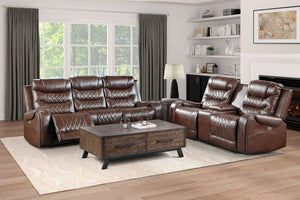 English Elm Luxurious Power Reclining Sofa Set Faux Leather with USB Charging and Diamond Stitching Brown B011S01099