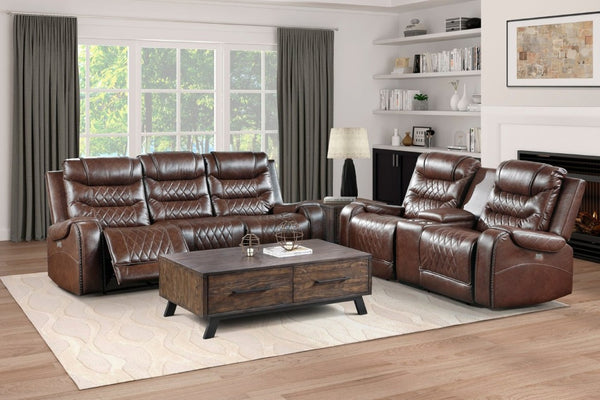 English Elm Luxurious Power Reclining Sofa Set Faux Leather with USB Charging and Diamond Stitching Brown B011S01099