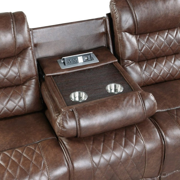 English Elm Luxurious Power Reclining Sofa Set Faux Leather with USB Charging and Diamond Stitching Brown B011S01099