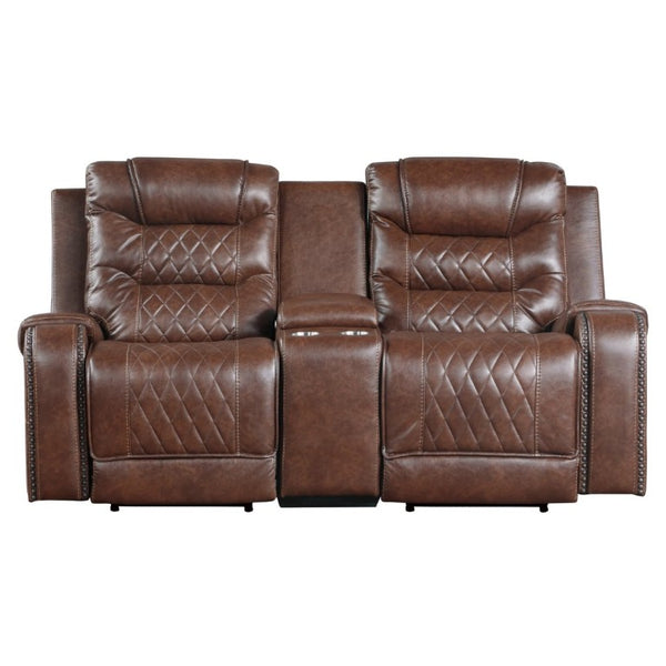 English Elm Luxurious Power Reclining Sofa Set Faux Leather with USB Charging and Diamond Stitching Brown B011S01099