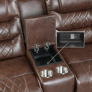 English Elm Luxurious Power Reclining Sofa Set Faux Leather with USB Charging and Diamond Stitching Brown B011S01099