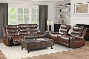 English Elm Luxurious 2Pc Reclining Sofa Set Faux Leather Diamond Stitching USB Charging Ports Brown B011S01100