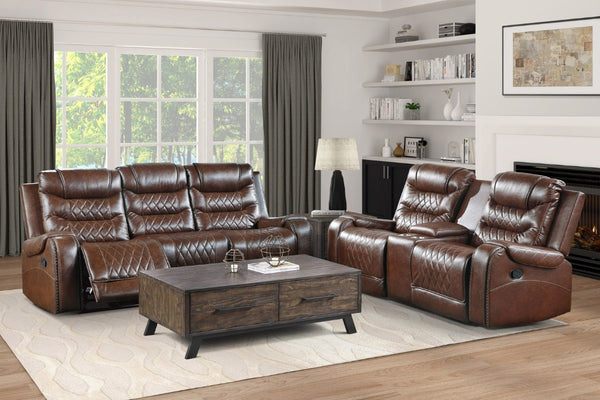 English Elm Luxurious 2Pc Reclining Sofa Set Faux Leather Diamond Stitching USB Charging Ports Brown B011S01100