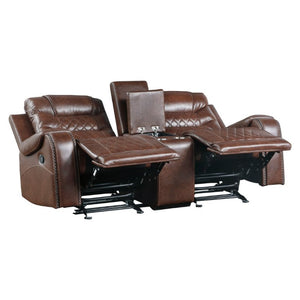 English Elm Luxurious 2Pc Reclining Sofa Set Faux Leather Diamond Stitching USB Charging Ports Brown B011S01100