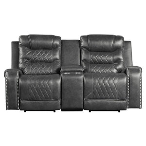English Elm Luxurious Power Reclining Sofa Set Faux Leather with USB Charging and Diamond Stitching Gray B011S01102