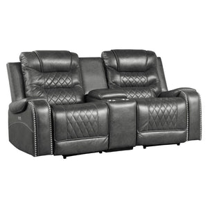 English Elm Luxurious Power Reclining Sofa Set Faux Leather with USB Charging and Diamond Stitching Gray B011S01102