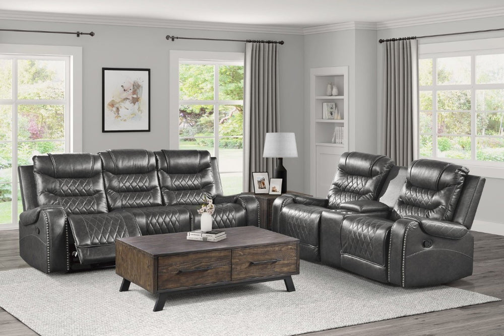 English Elm Luxurious 2Pc Reclining Sofa Set Faux Leather Diamond Stitching USB Charging Ports Gray B011S01103