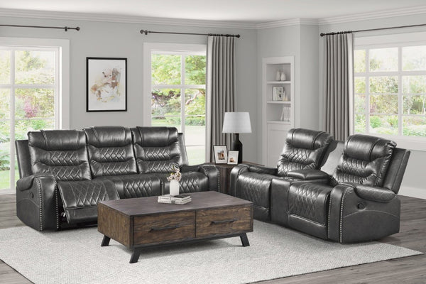 English Elm Luxurious 2Pc Reclining Sofa Set Faux Leather Diamond Stitching USB Charging Ports Gray B011S01103