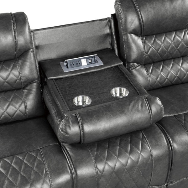 English Elm Luxurious 2Pc Reclining Sofa Set Faux Leather Diamond Stitching USB Charging Ports Gray B011S01103