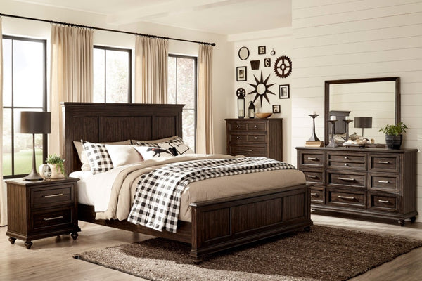 English Elm Solid Acacia Queen Bed Tall Headboard Driftwood Charcoal Finish Transitional Bedroom B011S01123