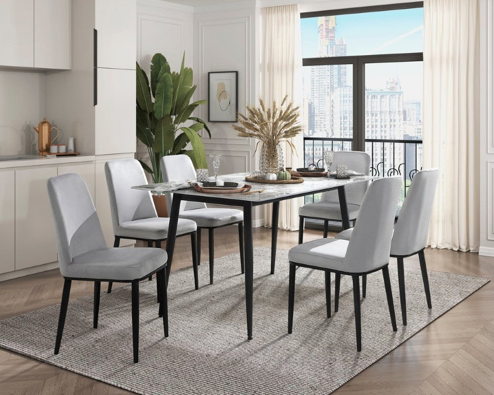 English Elm Contemporary Seven Piece Dining Set with Marble Look Stone Top and Velvet Chairs B011S01865