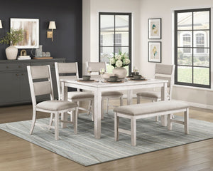 English Elm Modern Farmhouse Six Seat Dining Set Acacia Wood Bench Gray Upholstered Chairs B011S02062
