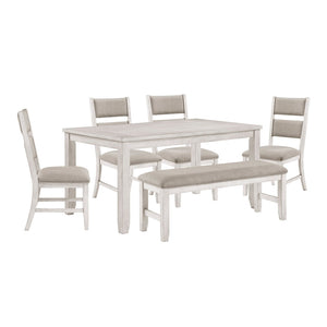 English Elm Modern Farmhouse Six Seat Dining Set Acacia Wood Bench Gray Upholstered Chairs B011S02062